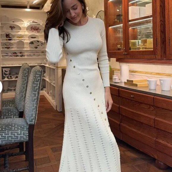 Sandro Womens Naturels Button-embellished Knitted Maxi Dress In Cream - Picture 7 of 16